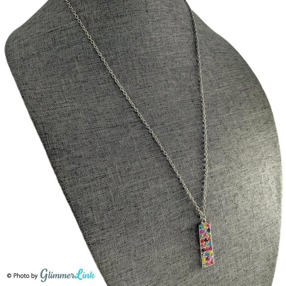 Rectangular Multi Color Rhinestone Crystals Pendant Necklace - Picture 2 of 8